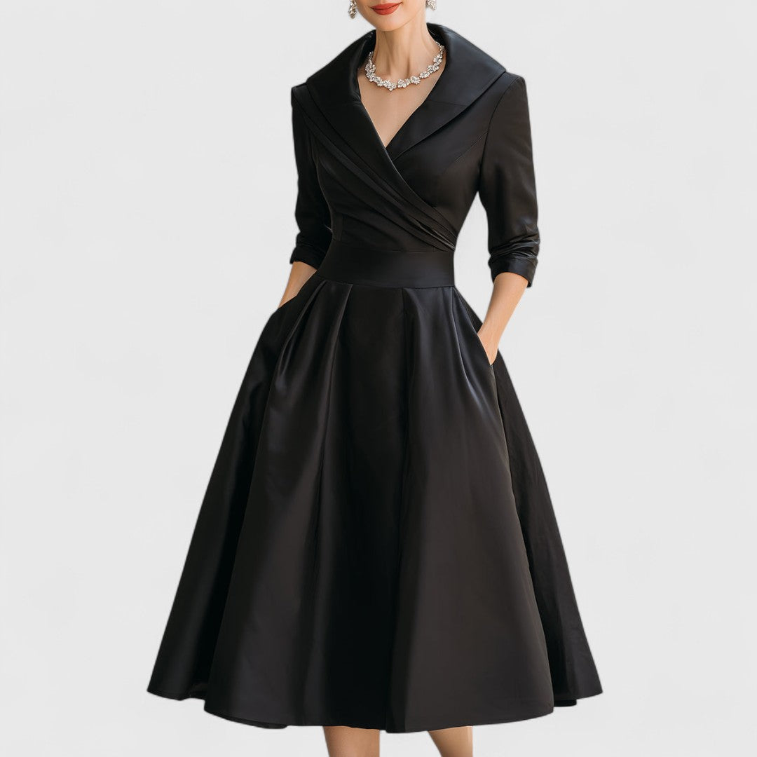 Abito Midi Donna con Scollo a V e Gonna Svasata - Nero