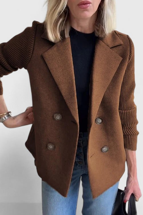 Blazer Donna Doppiopetto con Maniche a Contrasto - Marrone Scuro
