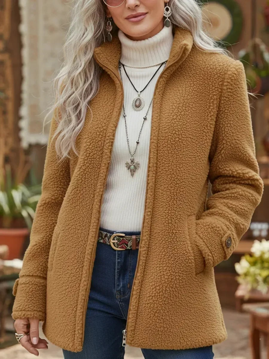 Giacca Lunga da Donna in Pile Testurizzato con Zip - Cammello
