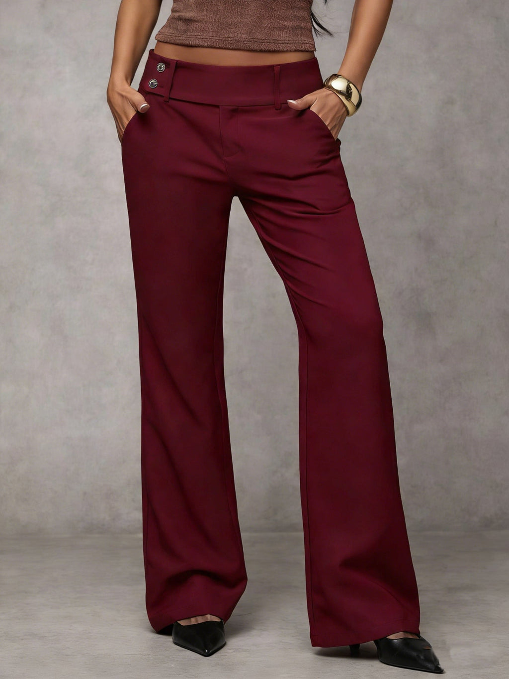 Pantaloni Ampi a Vita Alta da Donna - Rosso vino