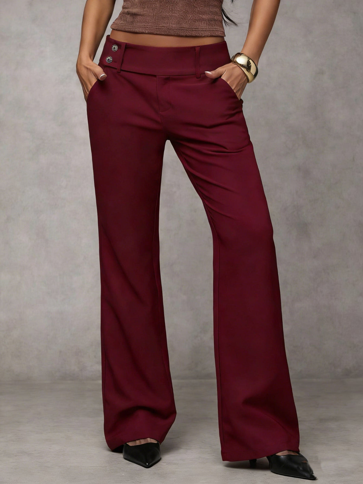 Pantaloni Ampi a Vita Alta da Donna - Rosso vino