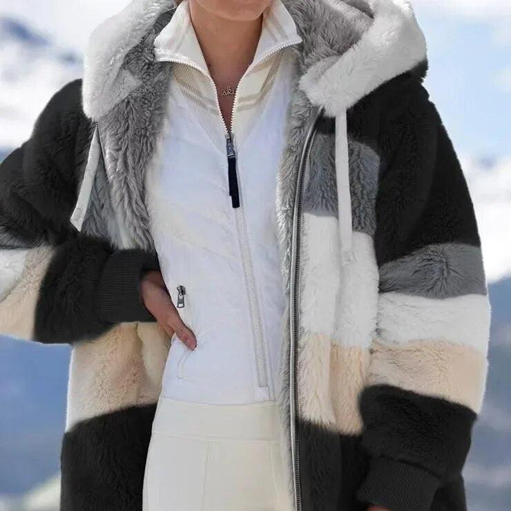 Giacca Invernale Donna con Cappuccio e Zip - Righe Nere