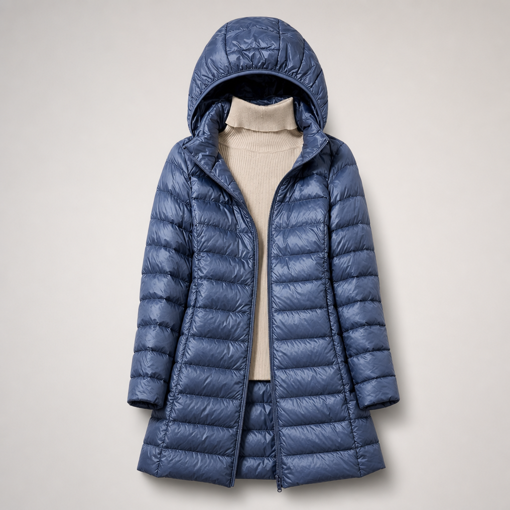 Cappotto Trapuntato Leggero con Cappuccio da Donna - Blu