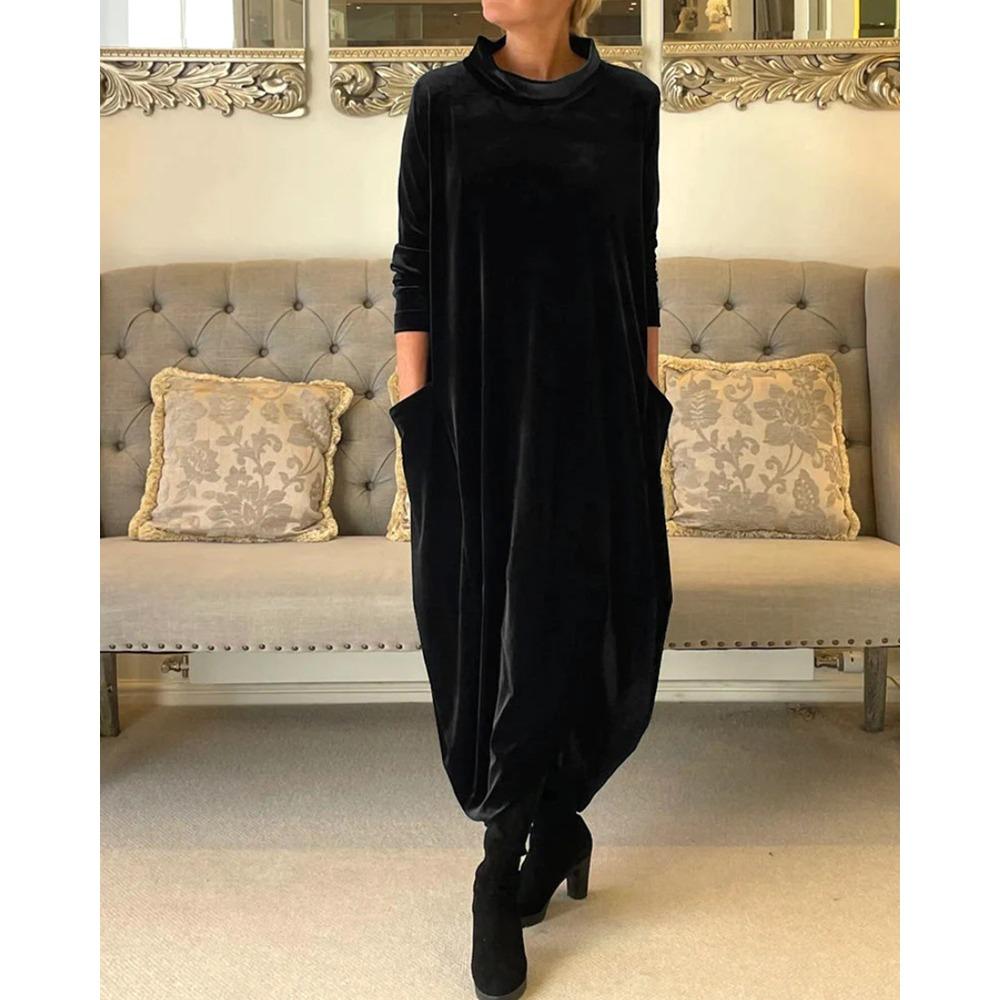 Abito Lungo da Donna in Velour con Collo Alto e Tasche