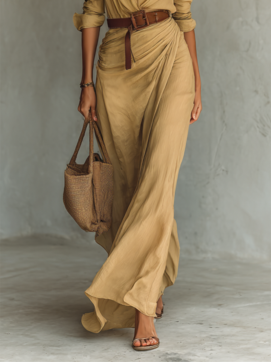 Abito Maxi Donna con Collo Revers e Cintura