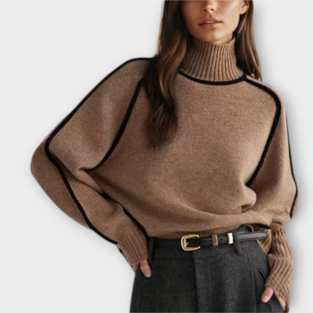 Maglione Dolcevita Donna con Profili a Contrasto - Marrone