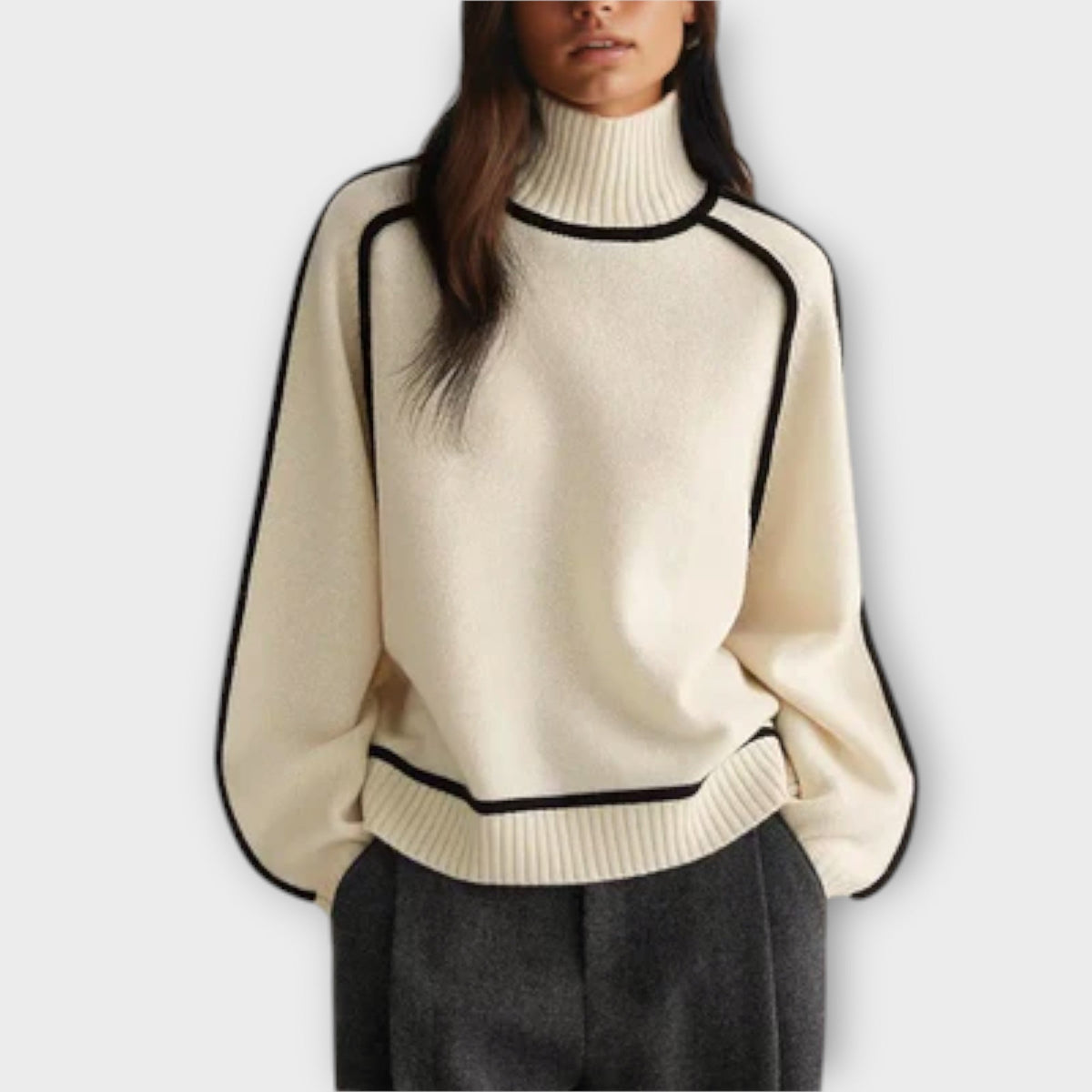 Maglione Dolcevita Donna con Profili a Contrasto - Bianco