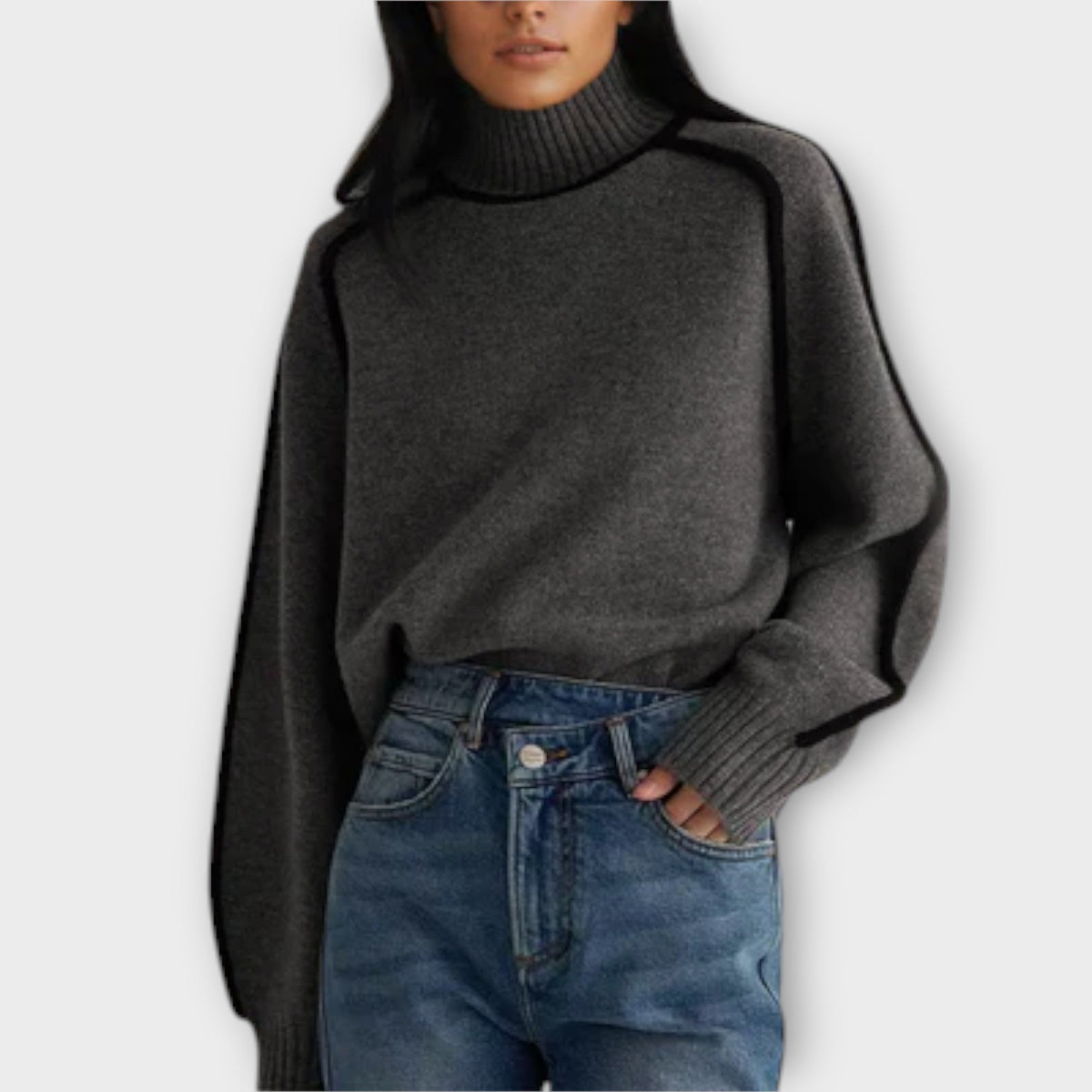 Maglione Dolcevita Donna con Profili a Contrasto - Grigio