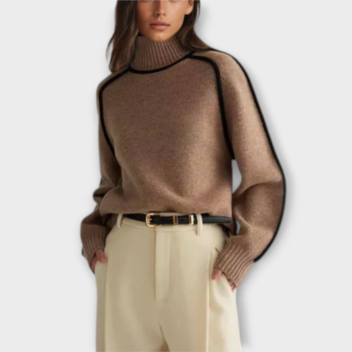 Maglione Dolcevita Donna con Profili a Contrasto