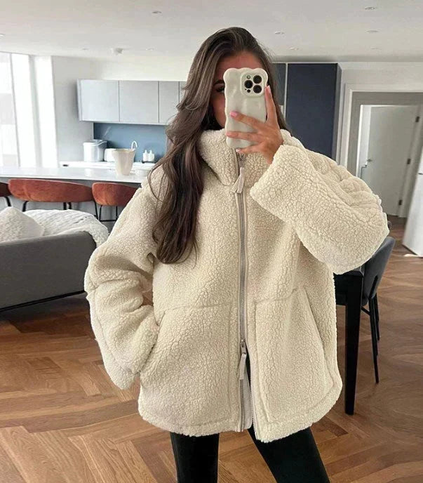 Giacca Teddy Oversize da Donna con Zip - Beige