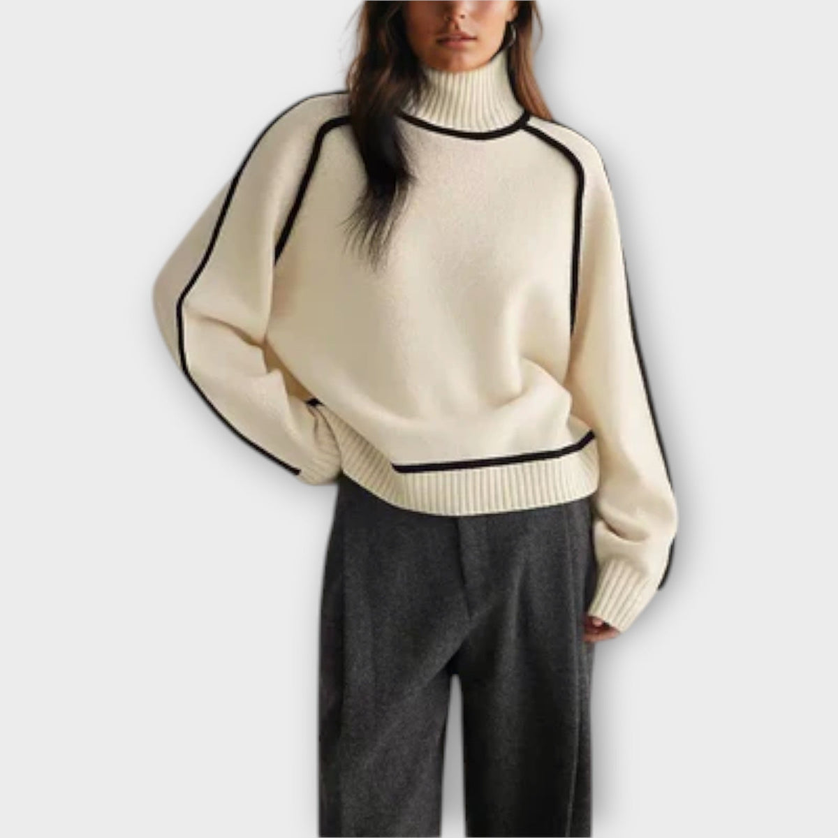 Maglione Dolcevita Donna con Profili a Contrasto