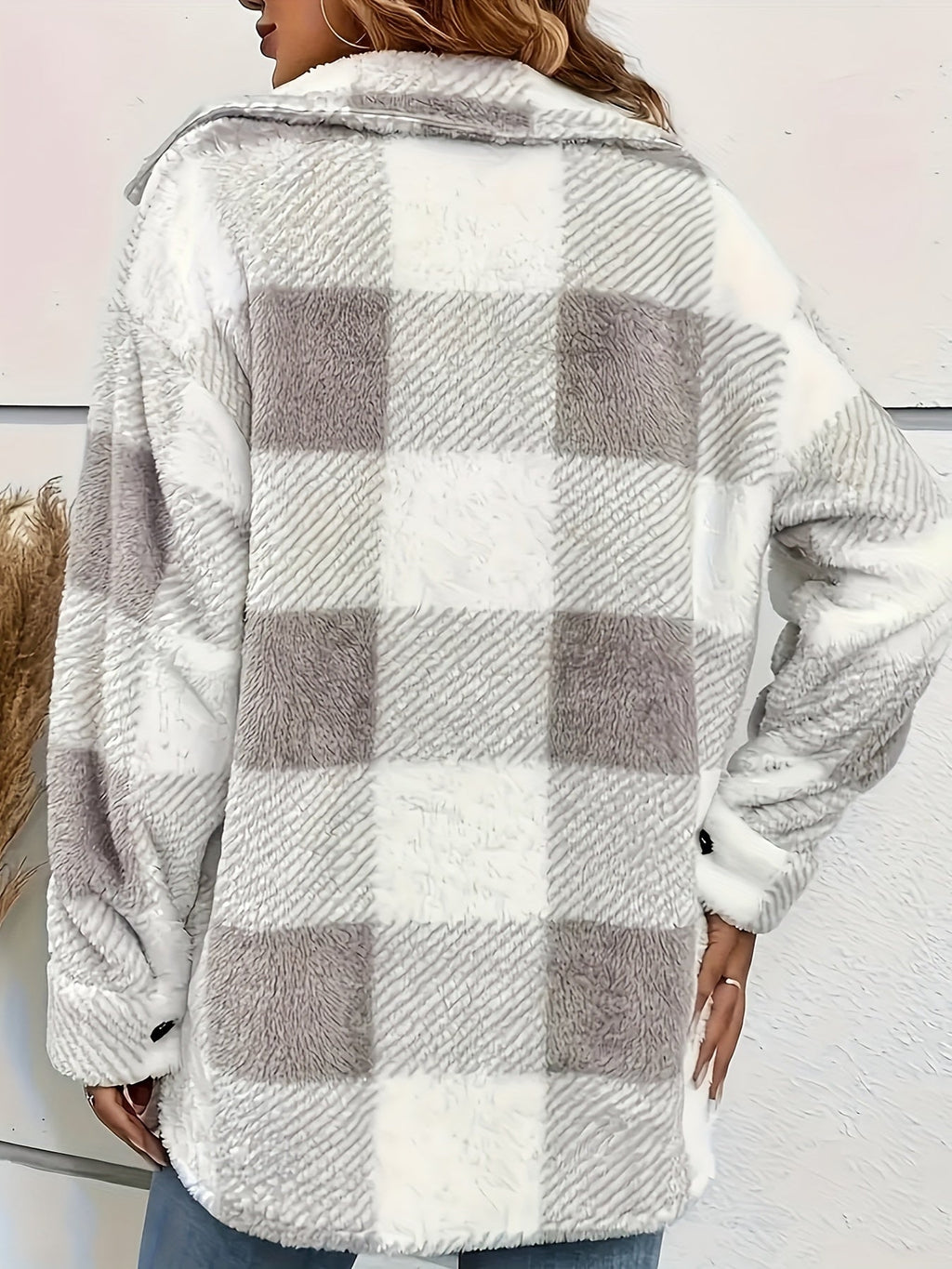 Giacca Donna in Pile Sherpa a Quadri con Bottoni