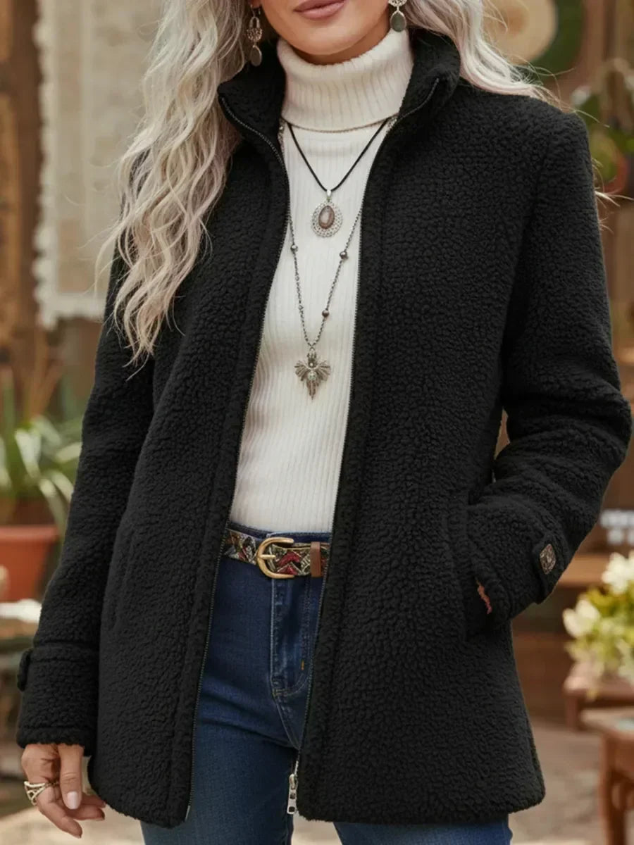 Giacca Lunga da Donna in Pile Testurizzato con Zip - Nero