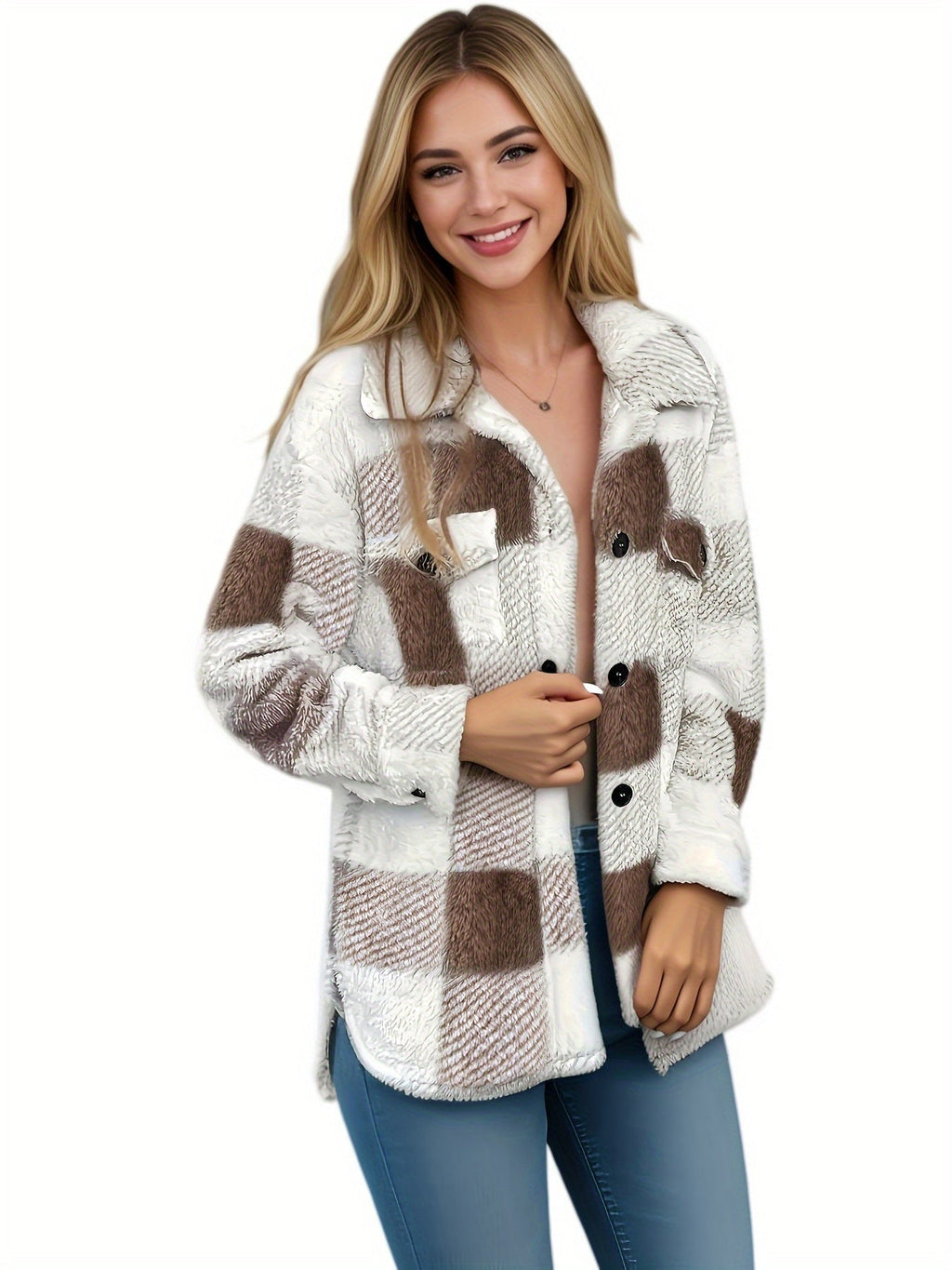 Giacca Donna in Pile Sherpa a Quadri con Bottoni