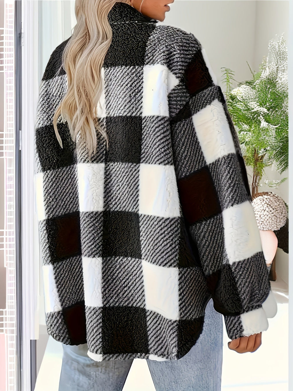 Giacca Donna in Pile Sherpa a Quadri con Bottoni