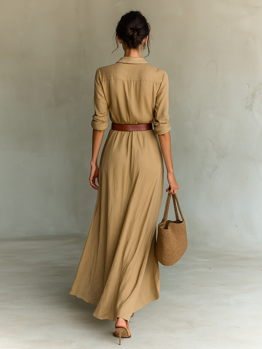 Abito Maxi Donna con Collo Revers e Cintura