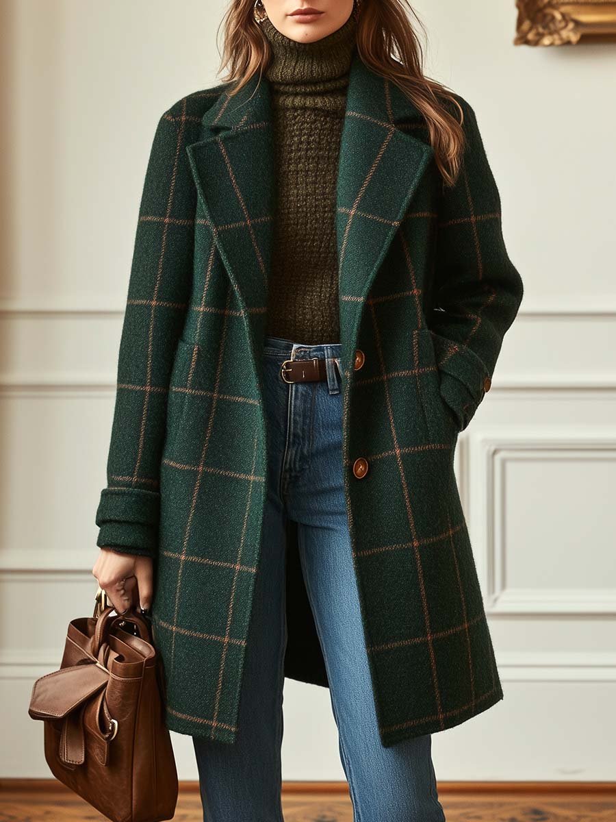 Cappotto Donna a Quadri in Misto Lana con Revers - Verde