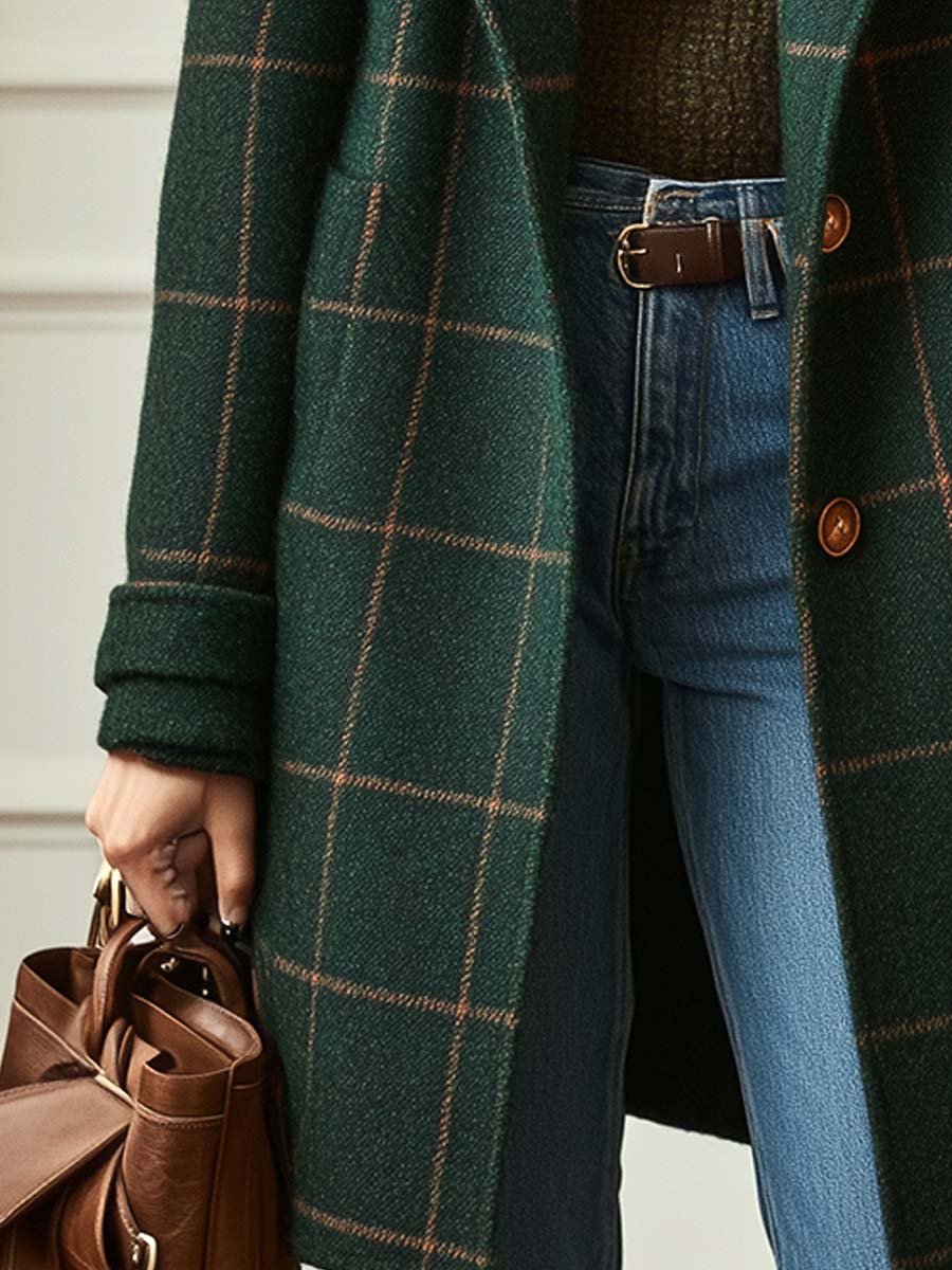 Cappotto Donna a Quadri in Misto Lana con Revers
