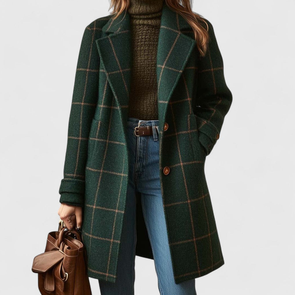 Cappotto Donna in Tweed a Quadri con Revers - Verde Scuro