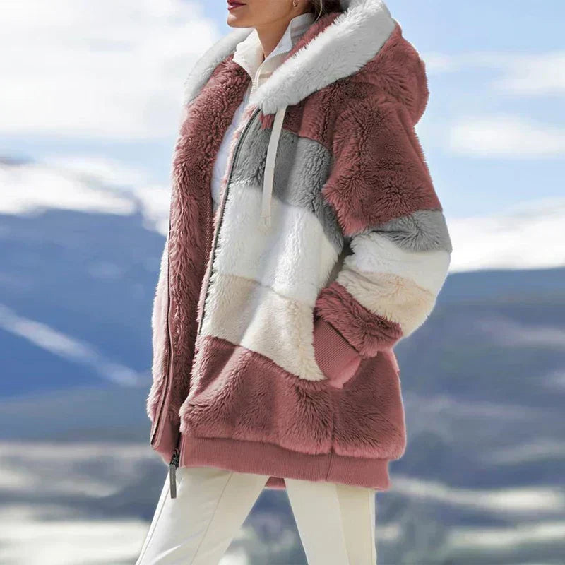 Giacca Invernale Donna con Cappuccio e Zip - Righe Rosse
