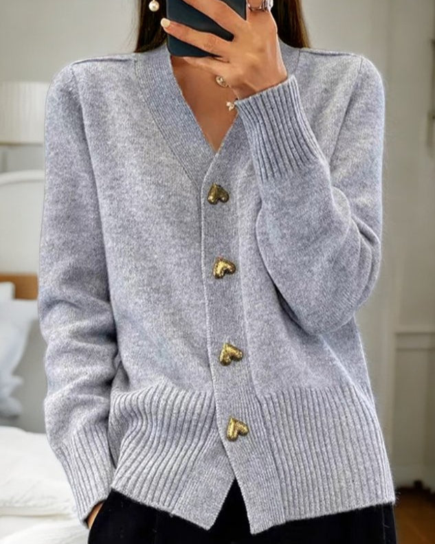 Cardigan Donna con Scollo a V e Bottoni a Cuore - Grigio