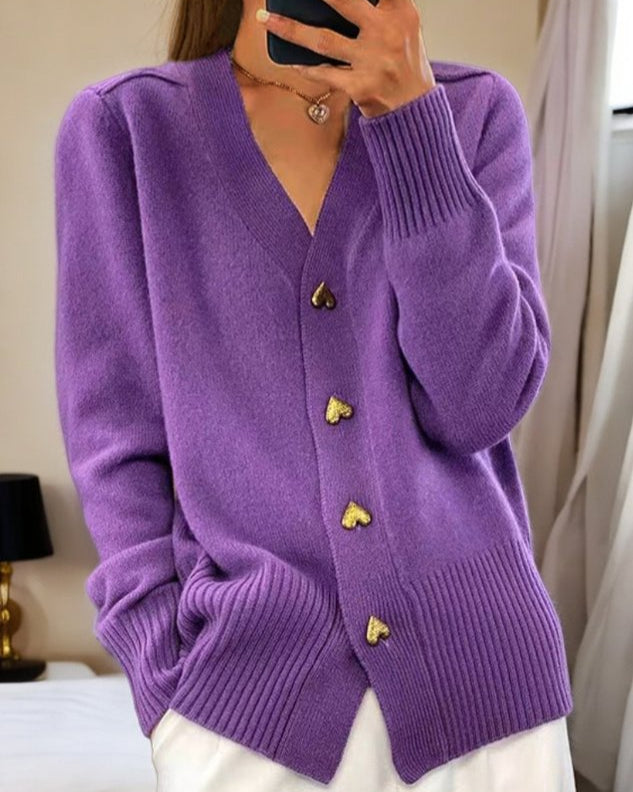 Cardigan Donna con Scollo a V e Bottoni a Cuore - Viola