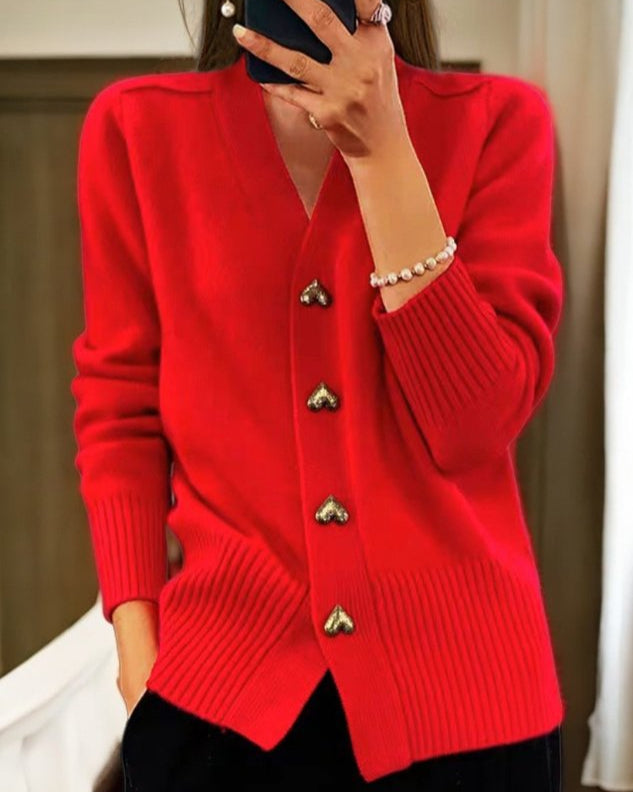 Cardigan Donna con Scollo a V e Bottoni a Cuore - Rosso