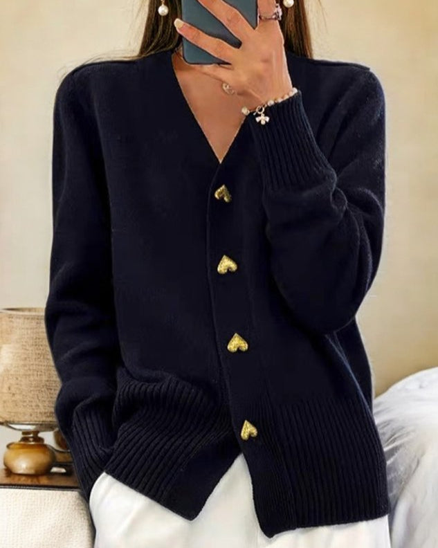Cardigan Donna con Scollo a V e Bottoni a Cuore - Nero