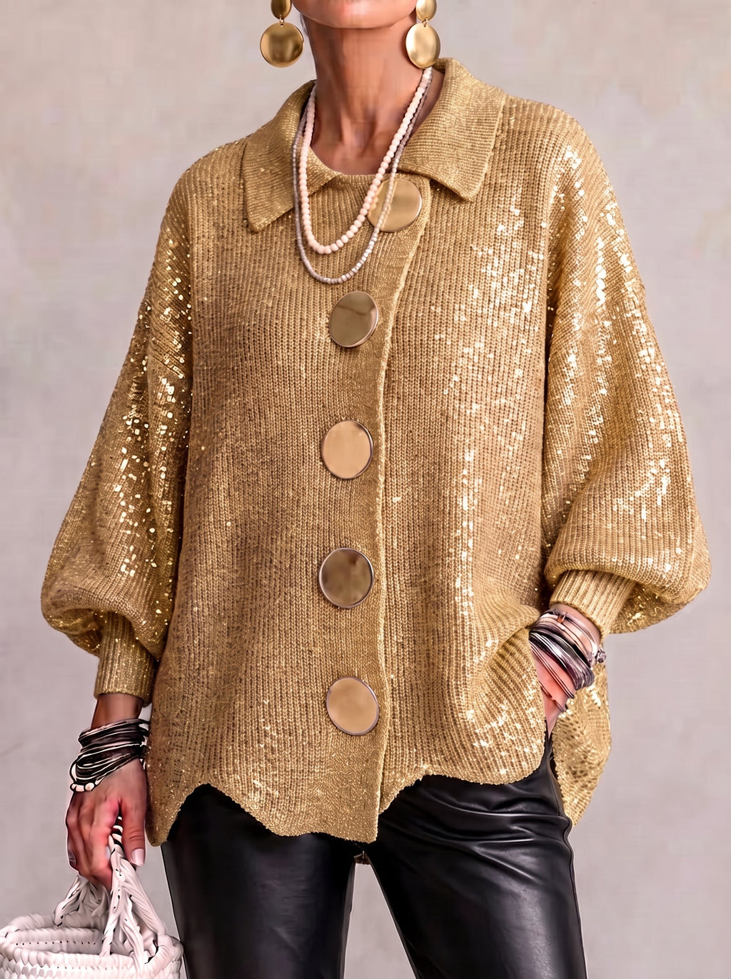 Cardigan Donna Oversize in Maglia Grossa con Colletto e Bottoni - Oro