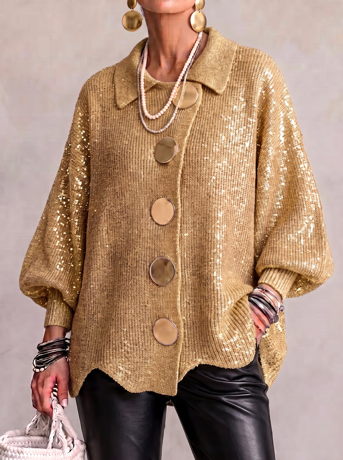Cardigan Donna Oversize in Maglia Grossa con Colletto e Bottoni - Oro