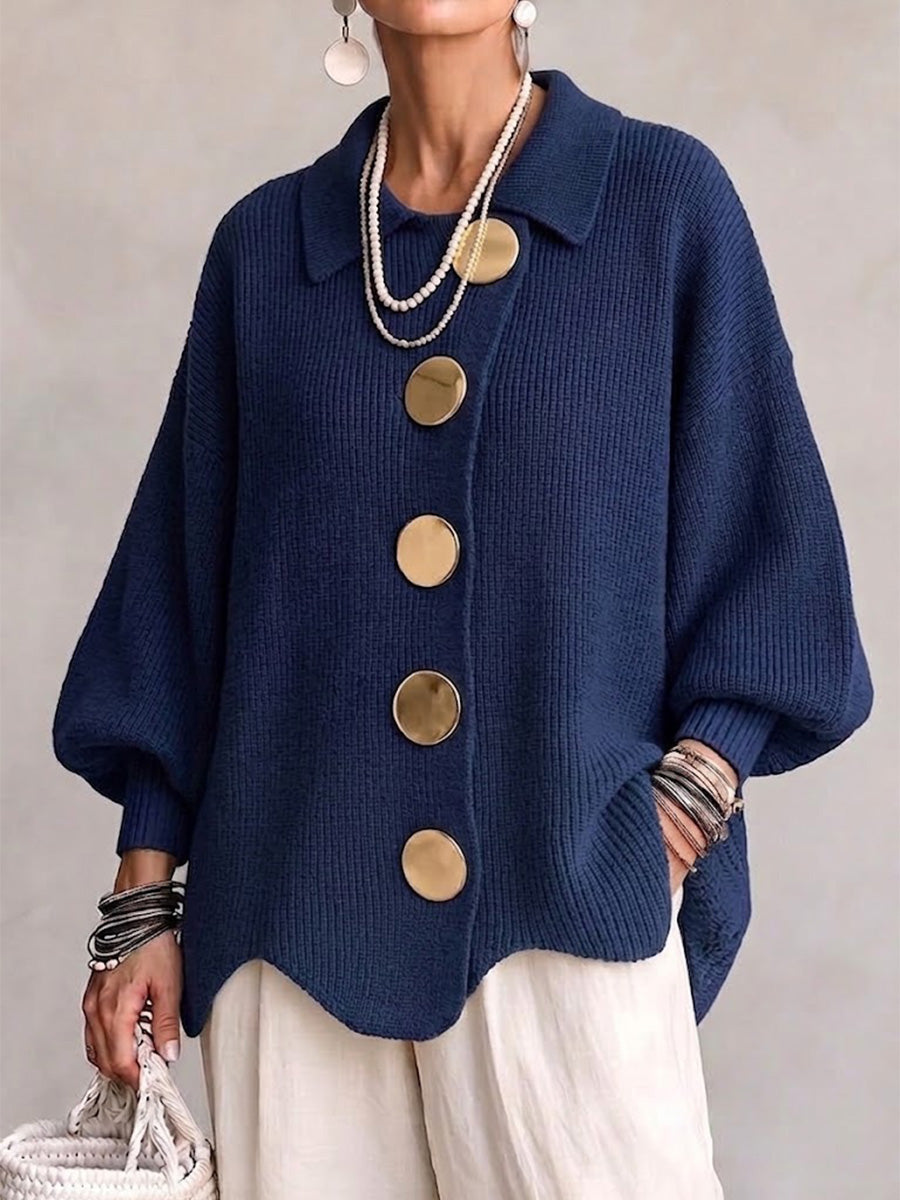Cardigan Donna Oversize in Maglia Grossa con Colletto e Bottoni