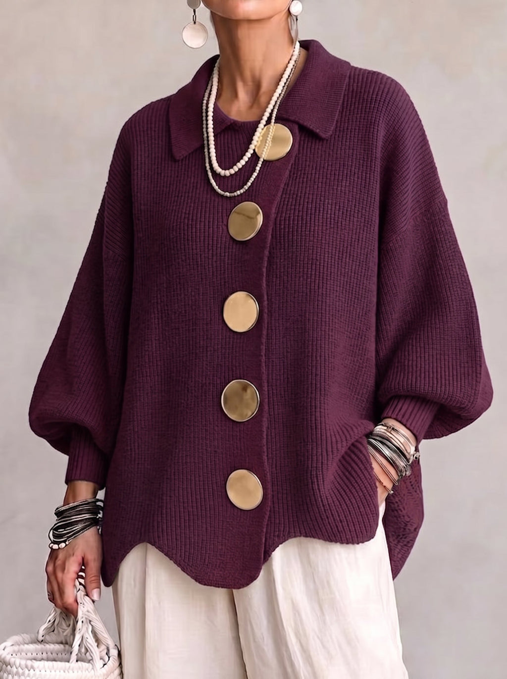 Cardigan Donna Oversize in Maglia Grossa con Colletto e Bottoni - Bordeaux