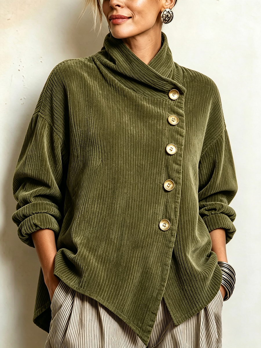 Casacca Donna in Velluto a Coste con Collo Alto e Bottoni Diagonali - Verde Oliva