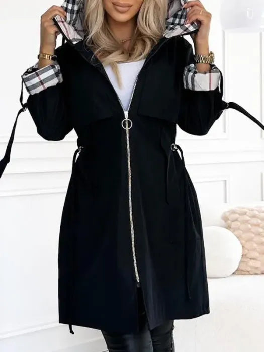 Cappotto Donna Impermeabile Antivento con Zip e Cappuccio - Nero