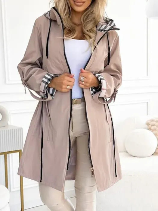 Cappotto Donna Impermeabile Antivento con Zip e Cappuccio - Beige