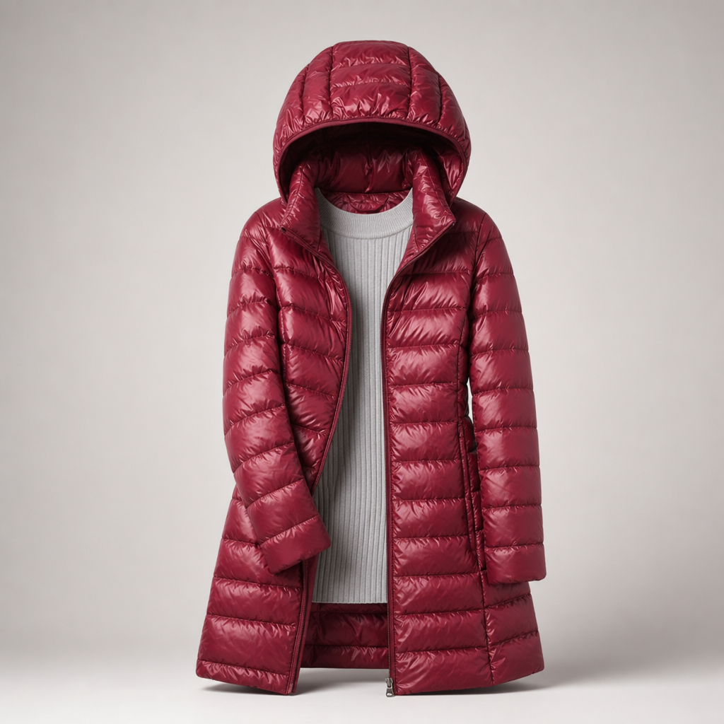 Cappotto Trapuntato Leggero con Cappuccio da Donna - Rosso