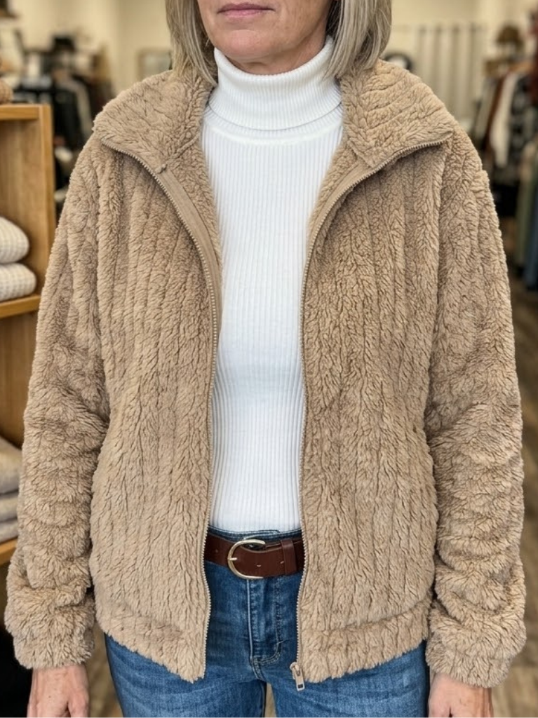 Giacca Donna in Pile Testurizzato con Zip Intera - Kaki