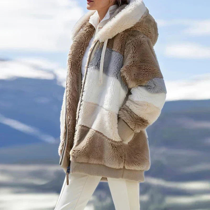 Giacca Invernale Donna con Cappuccio e Zip - Righe Marroni