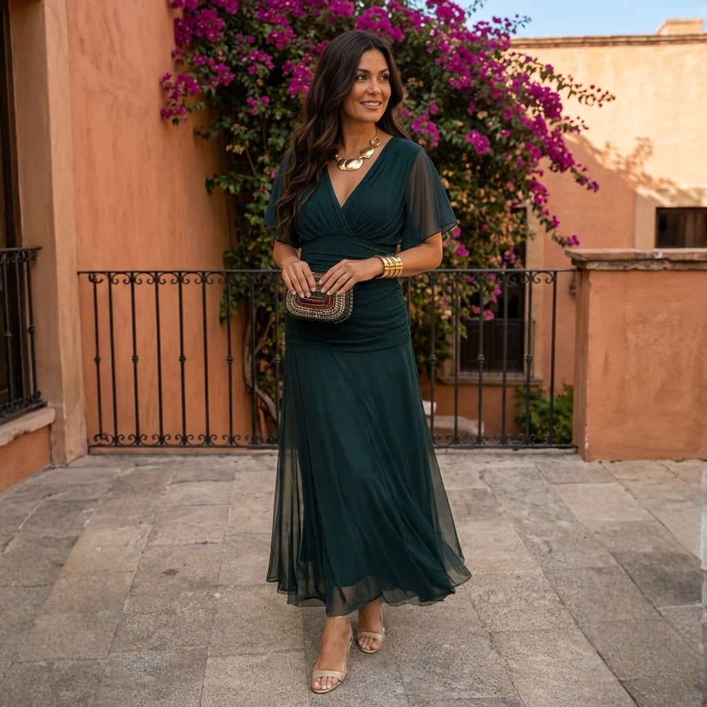 Abito Lungo da Donna in Chiffon con Spalle Scoperte - Verde Scuro