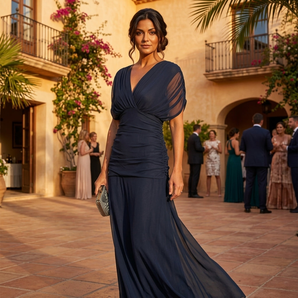 Abito Lungo da Donna in Chiffon con Spalle Scoperte - Blu Scuro