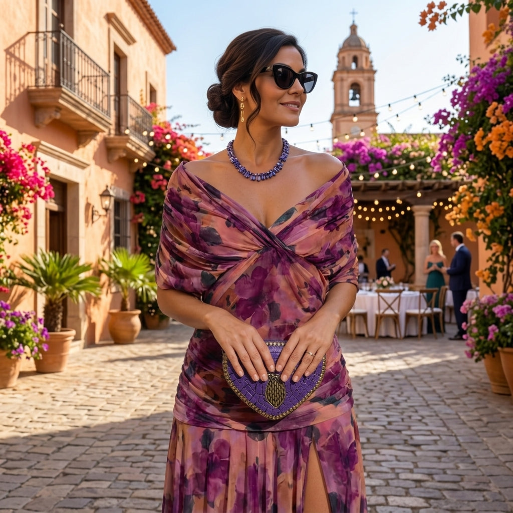 Abito Lungo da Donna in Chiffon con Spalle Scoperte - Viola