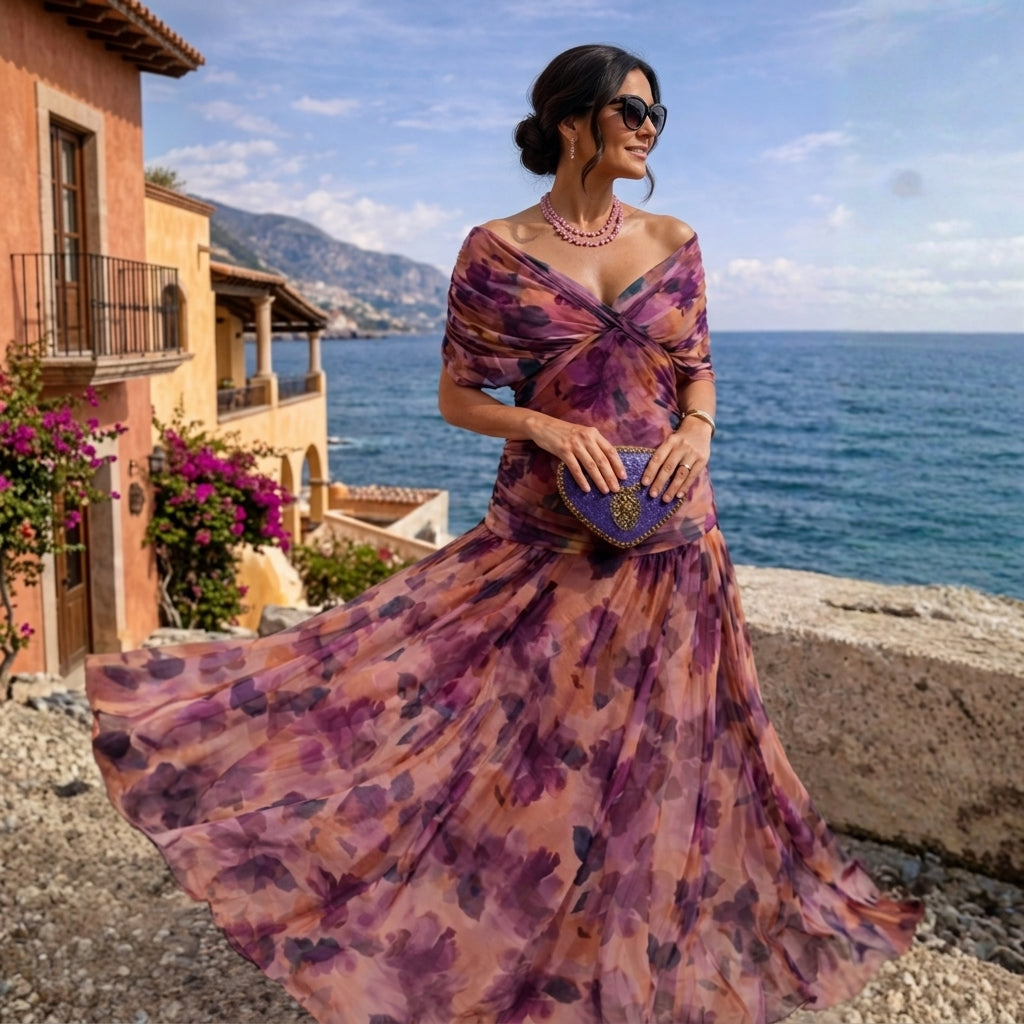 Abito Lungo da Donna in Chiffon con Spalle Scoperte