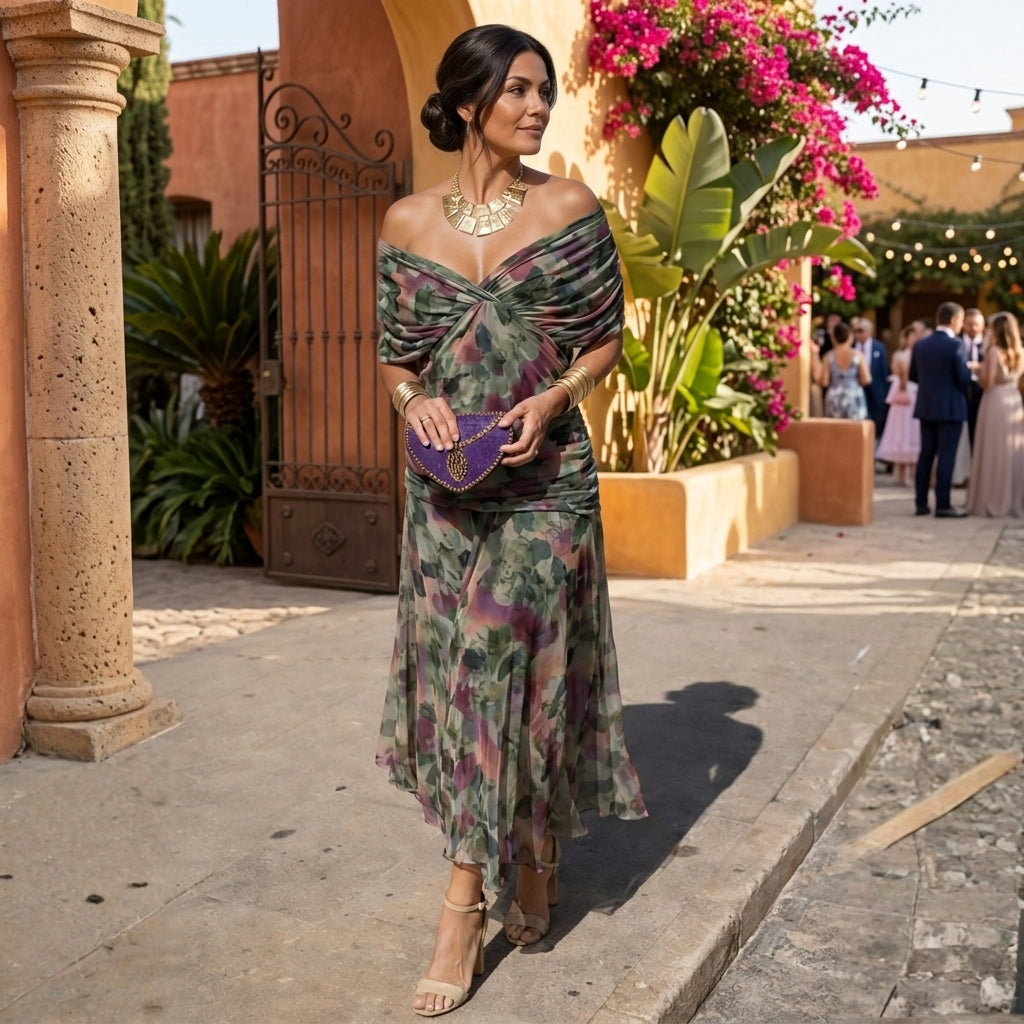 Abito Lungo da Donna in Chiffon con Spalle Scoperte - Verde Oliva