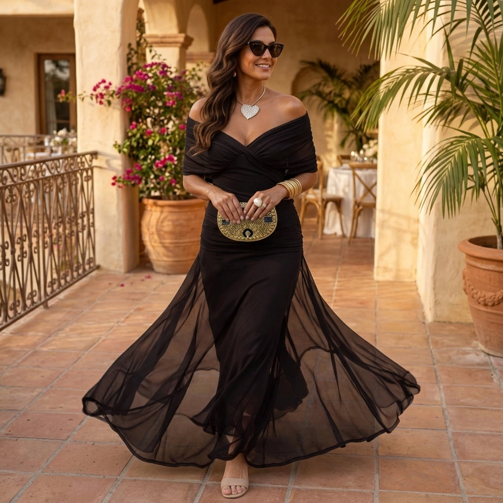 Abito Lungo da Donna in Chiffon con Spalle Scoperte - Nero