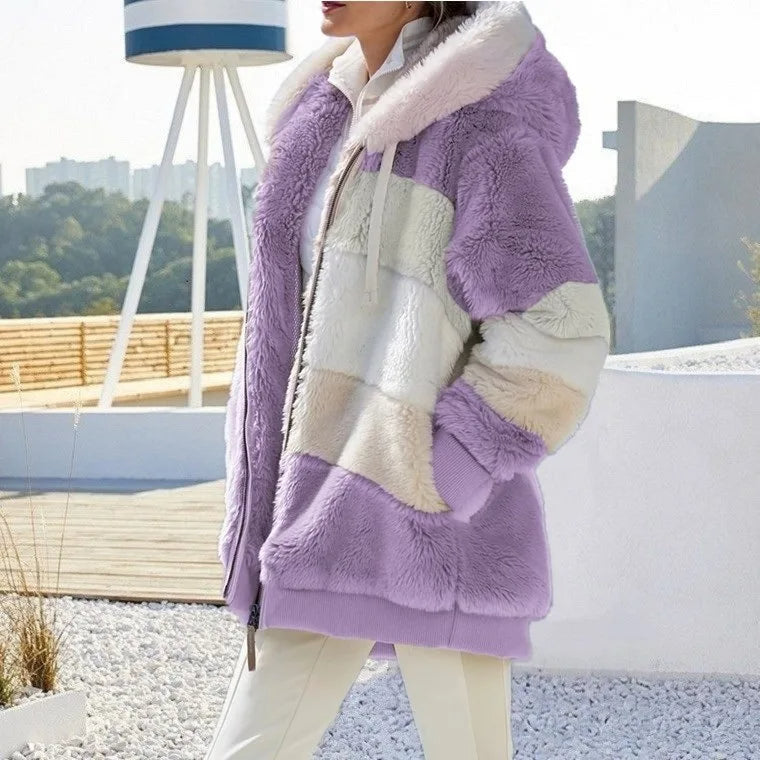 Giacca Invernale Donna con Cappuccio e Zip - Righe Viola