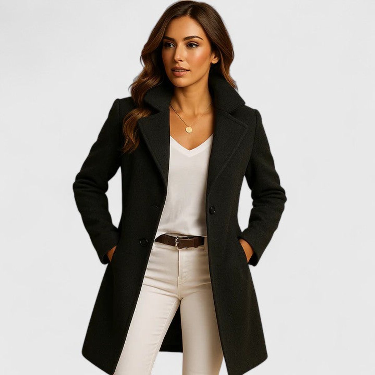 Cappotto Lungo Sartoriale Donna con Revers a Dente - Nero