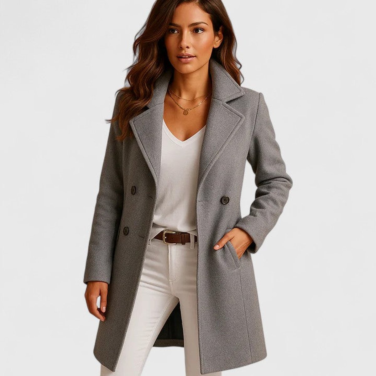 Cappotto Lungo Sartoriale Donna con Revers a Dente - Grigio